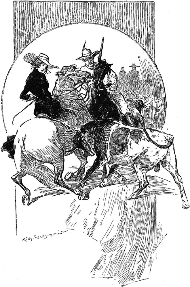 Lucy wird mit ihrem   Pferd zwischen den Rindern eingekeilt