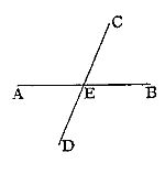 Two straight lines intersecting at point E, horizontal line AB crossed by diagonal line CD, forming four angles. A classic Euclidean diagram illustrating intersecting lines and the angles they produce.