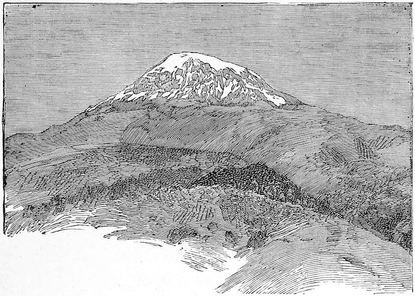 Black-and-white line illustration of Mount Kilimanjaro, showing a snow-capped peak rising above rolling, textured hills with fine cross-hatched shading.