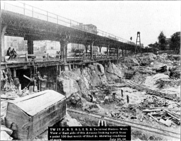 Plate XLVII, Fig. 2.&mdash; TW 17, P.N.Y. & L.I.R.R. Terminal Station West. View of East side of 9th Ave. looking North from a point 100 feet south of 33rd St. showing condition of work. July 23, 06.