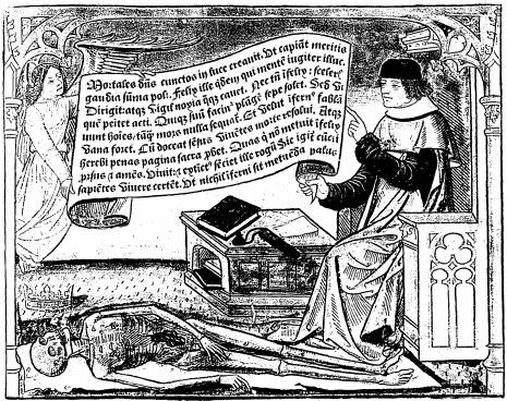 Illustration: Le mort est couch� par terre sur un linceul,
une couronne pos�e � c�t� de sa t�te.
L'acteur assis � c�t� de ses livres montre de la main une banderole
port�e par l'ange avec le texte suivant: