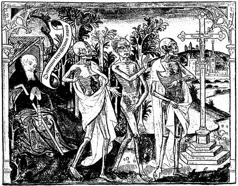 Illustration: D�cor champ�tre. De gauche � droite:
l'ermite assis dans sa hutte, et trois morts marchant vers la droite.
Une banderole sort de la bouche de l'ermite avec ces mots: