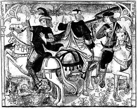 Illustration: Trois beaux hommes � cheval, regardant
vers la gauche (sur la page de droite, en face de l'illustration
montrant l'ermite et les trois morts)