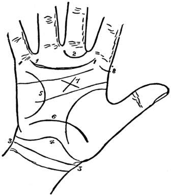 Plate XX. THE GIRDLE OF VENUS, THE RING OF SATURN, THE THREE BRACELETS, THE LINE OF
INTUITION AND THE VIA LASCIVA.