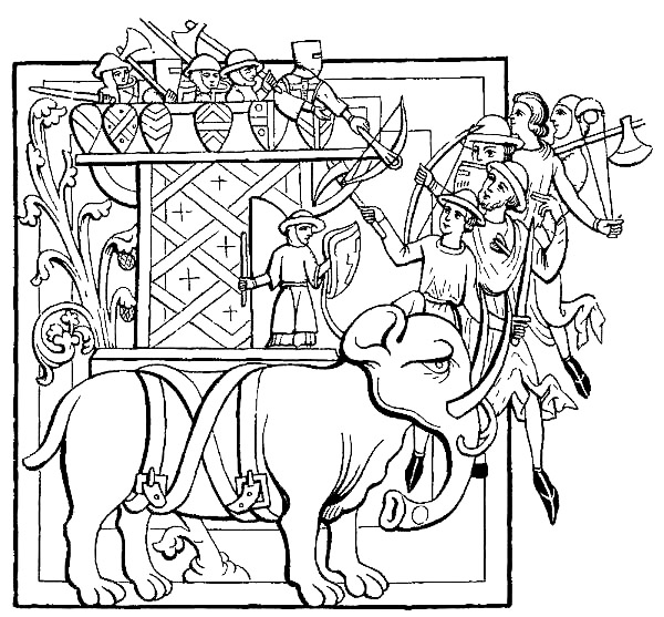 AN ELEPHANT, WITH ITS
CASTLE AND ARMED MEN, ENGAGED IN BATTLE.
