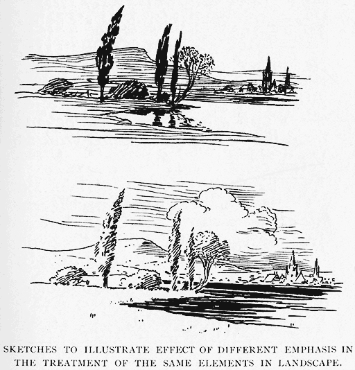 Sketches to Illustrate Effect of
Different Emphasis in the Treatment of the Same Elements in Landscape.