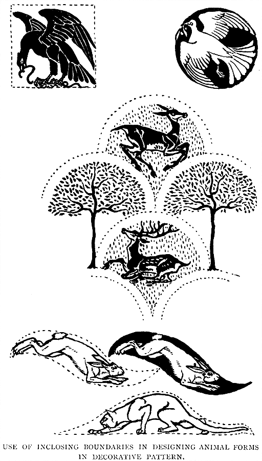 Use of Inclosing Boundaries
in Designing Animal Forms in Decorative Pattern.