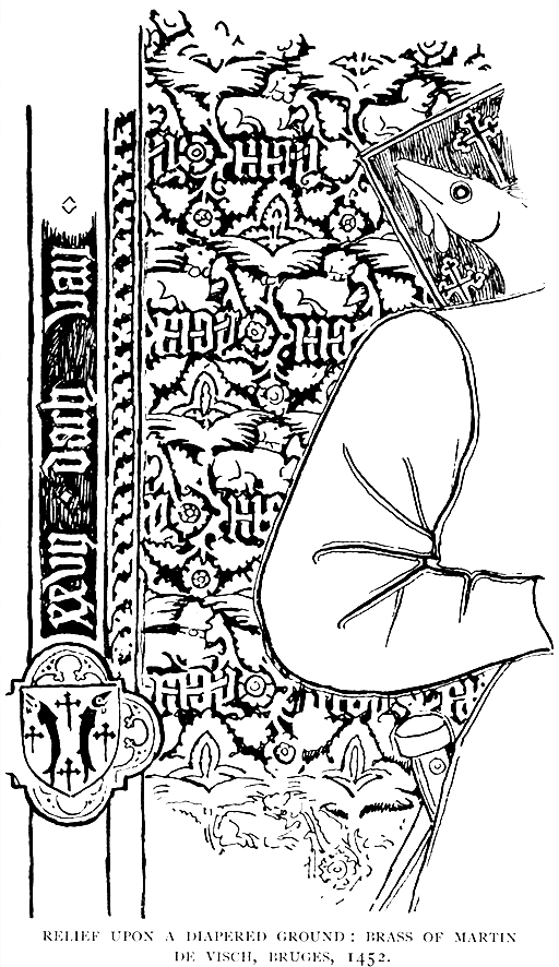 Relief Upon A Diapered Ground:
Brass Of Martin De Visch, Bruges, 1452.