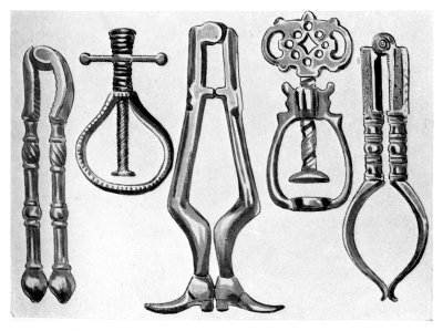 FIGS. 35-39.&mdash;EARLY STEEL AND BRASS NUTCRACKERS.

(In the collection of Mr. Charles Evans, of Nailsea Court.)