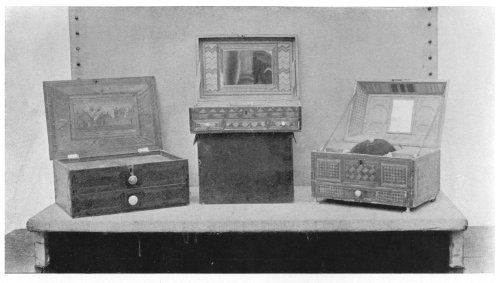 FIG. 76.&mdash;THREE OLD WORKBOXES.

(In the collection of Mr. Phillips, of Hitchin.)