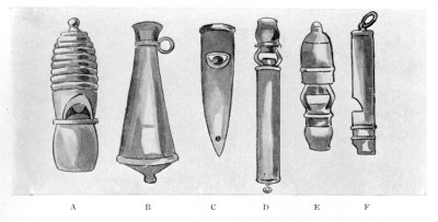 FIG. 90.&mdash;CURIOUS TYPES OF WHISTLES.