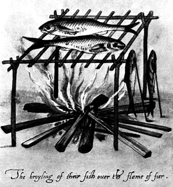 The broyling of their fish over the flame of
fire.