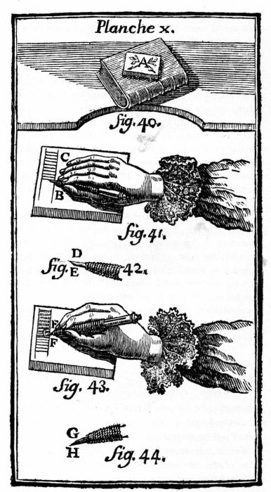 Figure 1.&mdash;Woodcutting Procedure, showing
method of cutting with the knife on the plank grain,
from Jean Papillon's Trait� de la gravure en bois, 1766.