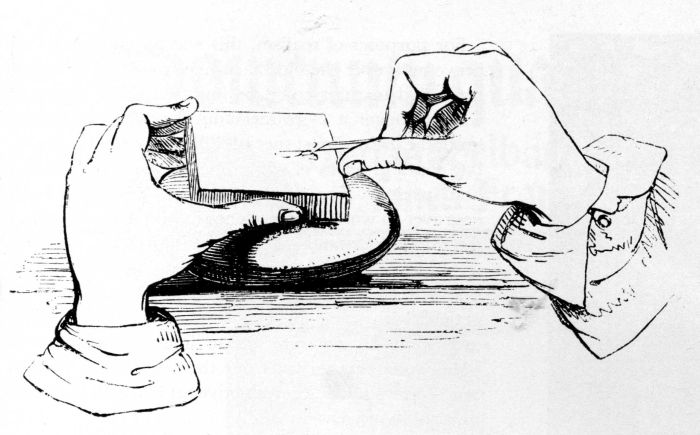 Figure 2.&mdash;Wood Engraving
Procedure, showing manipulation
of the burin, from Chatto and
Jackson, A treatise on wood engraving,
1861. (See footnote 6.)