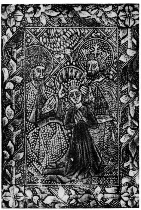 Figure 3.&mdash;Late 15th-Century White-Line Engraving
"The crowning of the Virgin," in the "dotted
manner" executed on metal for relief printing. Parts
were hand colored.