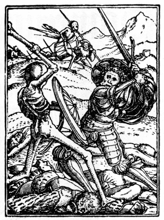 Figure 5.&mdash;Example of the Woodcut
Style that Created Facsimile
Drawings. Woodcut (actual size) by
Hans Lutzelburger, after a drawing
by Holbein for his "Dance of Death,"
1538.
