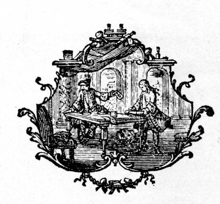 Figure 6.&mdash;Woodcut Tailpiece by
J. M. Papillon, from Trait� historique
et pratique de la gravure en bois, 1766.
The cutting was done so minutely that
some details were lost in printing.
(Actual size.)