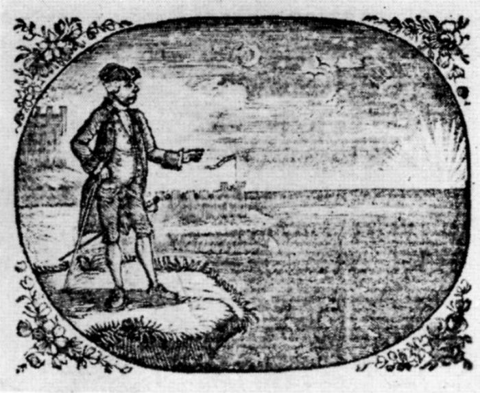 Figure 7.&mdash;Wood Engraving by
Thomas Bewick, "The Man and the
Flea," for Fables, by the late Mr. Gay,
1779. (Actual size.) Note how the
closely worked lines of the sky and
water have blurred in printing on laid
paper. The pale vertical streak is
caused by the laid mould.