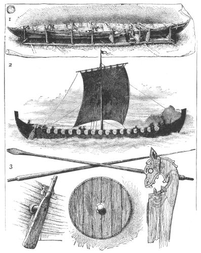 1.&mdash;SIDE VIEW OF THE GOGSTAD VIKING SHIP. 2.&mdash;VIKING SHIP
RESTORED. 3.&mdash;DETAILS OF VIKING SHIP.