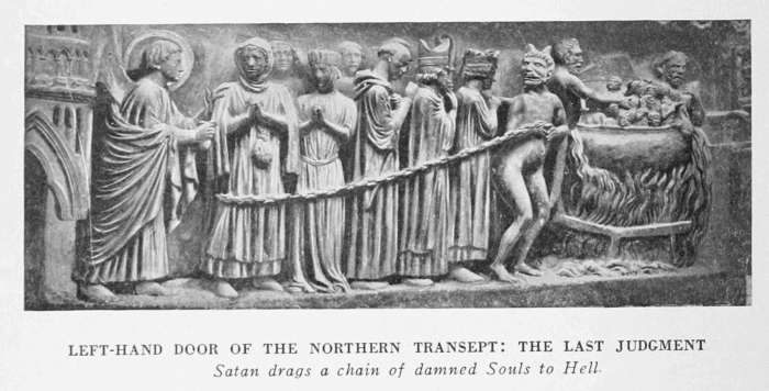 LEFT-HAND DOOR OF THE NORTHERN TRANSEPT: THE LAST JUDGMENT
Satan drags a chain of damned Souls to Hell.
