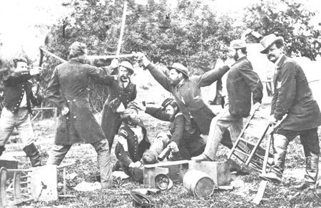 Soldiers turned to a variety of activities to break the long days and weeks of
monotonous camplife. Even officers were not immune to the horseplay.