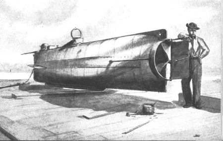 The C.S.S. Hunley, a completely submersible craft, was hand-propelled by a crew
of eight. The 25-foot submarine sank off Charleston along with her first and
only victim, the U.S.S. Housatonic.