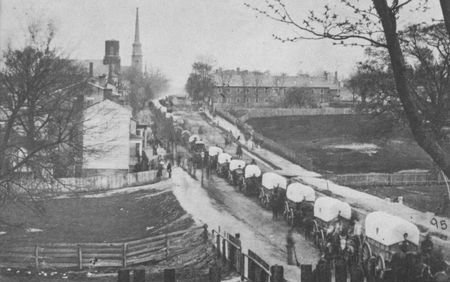 In 1864 nearly 4,000 wagons traveled with Meade's Army of the Potomac, each
capable of carrying 2,500 pounds of supplies. During one year the Federal Army
purchased 14,500 wagons and captured an additional 2,000.