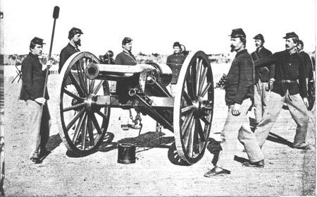 The Parrott Rifle, recognizable by the wrought iron jacket reinforcing its breech,
was one of the first rifled field guns used by the U.S. Army.