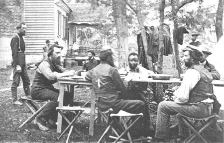 Faulty intelligence furnished by detective Allan Pinkerton (seated in rear) and
his agents misled General George McClellan during the Peninsula Campaign.
The Pinkerton organization was later replaced by a more efficient military intelligence
bureau.