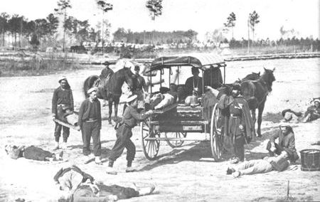 The Union ambulance corps provided one ambulance for every 150 men during the
Wilderness Campaign. In one convoy of 813 ambulances, over 7,000 sick and
wounded were transported to the hospital in Fredericksburg.