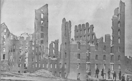 Richmond 1865&mdash;Gaunt remains cast their shadow over the former Confederate
capital. The rampaging fire, started during the evacuation, leveled the waterfront
and the business district.
