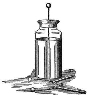 Lower 2/3rds of bottle is externally
sheathed in metal. Metal rod enters through cork at bottle mouth.