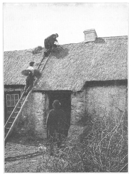 IRISH FARMER AND HIS SON PATCHING THE ROOF OF
THEIR OLD STONE HOUSE