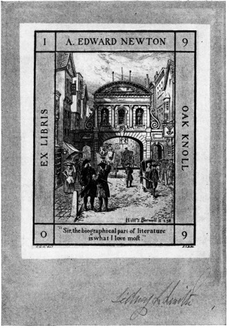 The book-plate illustrates an incident described in
Boswell. Johnson and Goldsmith were walking one day in the Poets’ Corner
of Westminster Abbey. Looking at the graves, Johnson solemnly repeated a
line from a Latin poet, which might be freely translated, “Perchance
some day our names will mingle with these.” As they strolled home
through the Strand, Goldsmith’s eye lighted upon the heads of two
traitors rotting on the spikes over Temple Bar. Remembering that Johnson
and he were rather Jacobitic in sentiment, pointing to the heads and
giving Johnson’s quotation a twist, Goldsmith remarked, “Perhaps some
day our heads will mingle with those.”
