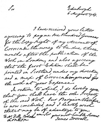 COPY OF JAMES BOSWELL’S AGREEMENT WITH MR. DILLY,
RECITING THE TERMS AGREED ON FOR THE PUBLICATION OF “CORSICA”