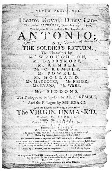 CHARLES LAMB’S PLAY-BILL OF “ANTONIO,” BY GODWIN. “DAMNED
WITH UNIVERSAL CONSENT”