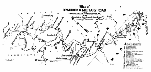 Map of
BRADDOCK’S MILITARY ROAD
FROM
CUMBERLAND, MD. TO BRADDOCK, PA.
1755.
Compiled by John Kennedy Lacock 1912.