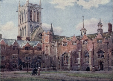 THE SECOND COURT OF ST. JOHN’S COLLEGE

The doorway on the right leads into the First Court. The Dining Hall is
in the building on the right and the Combination Room on the left of the
picture. In the background is the Chapel Tower with the sunset light
upon it