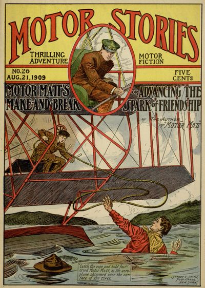 "Catch the rope and hold fast!"
cried Motor Matt, as the aeroplane
skimmed over the surface
of the river.