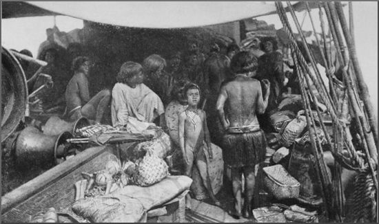 Harem and little son of King
Tembinoka on board the "Janet Nichol," passing
from Aranuka to Apemama