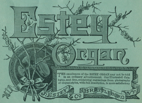 Estey Organ
The excellences of the ESTEY ORGAN may not be told in an ordinary
advertisement. Our Illustrated Catalogue, sent free, containing
engravings from photographs of elegant styles, with full
description, is more satisfactory
J: Estey & Co Brattleboro Vt.