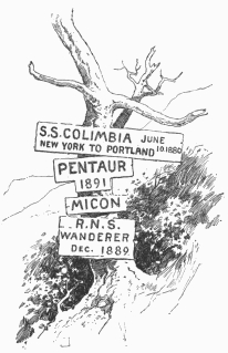 Records of passages through the strait at the head of
Borgia Bay. Note.&mdash;On a small bush nearer the water there was a board
bearing several other inscriptions, to which were added the words
"Sloop Spray, March, 1896"