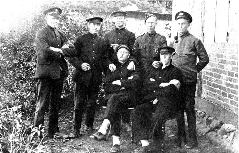 Group of English Prisoners Working on the Farms of
Kossebade. The Author has a Pipe in his Mouth, and Albert, Mentioned in
Chapter VI, Stands at his Right