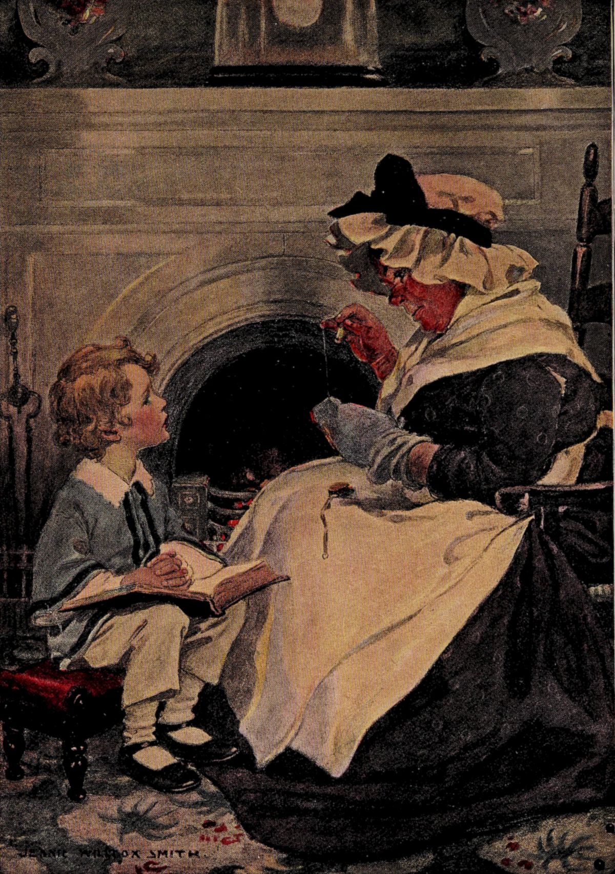 The image shows a young boy with curly hair, dressed in vintage 
clothing, sitting on a stool with an open book. He looks up at an older 
woman in a bonnet and apron, who is sewing by the fireplace.