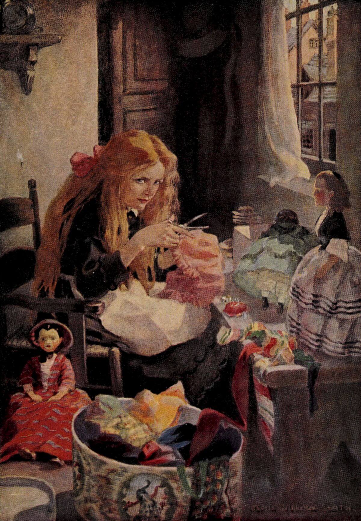 A young girl with long red hair
and a large bow sews a pink garment in a cozy room filled with dolls and fabric.