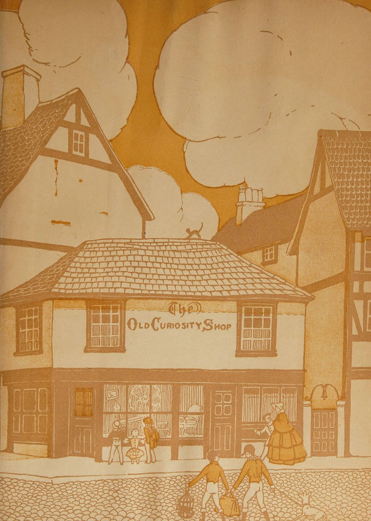 The image depicts The Old Curiosity Shop, a quaint, 
half-timbered building with a tiled roof. People walk along the 
cobblestone street, some carrying baskets.