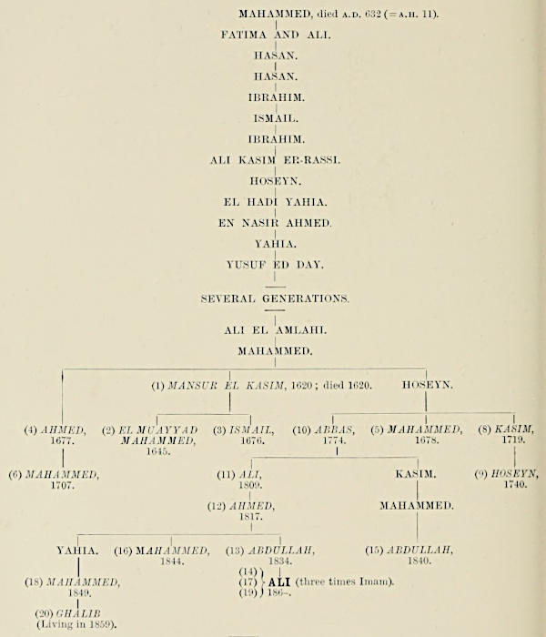 Genealogical descent:
  MAHAMMED, died A.D. 632 (= A.H. 11). -> FATIMA AND ALI. -> HASAN. -> HASAN.
  -> IBRAHIM. -> ISMAIL. -> IBRAHIM. -> ALI KASIM ER-RASSI. -> HOSEYN. -> EL
  HADI YAHIA. -> EN NASIR AHMED. -> YAHIA. -> YUSUF ED DAY. -> SEVERAL
  GENERATIONS. -> ALI EL AMLAHI. -> MAHAMMED. [three sons:] -> (4) AHMED,
  1677. / (1) MANSUR EL KASIM, 1620; died 1620. / HOSEYN. [son of Ahmed:]
  (6) MAHAMMED, 1707. [sons of Mansur el Kasim:] (2) EL MUAYYAD MAHAMMED,
  1645. / (3) ISMAIL, 1676. [sons of Hoseyn:] (10) ABBAS, 1774. / (5)
  MAHAMMED, 1678. [no issue] / (8) KASIM, 1719. [son of Kasim:] (9)
  HOSEYN, 1740. [sons of Abbas:] (11) ALI, 1809. / KASIM. [descent
  from Kasim:] MAHAMMED. -> (15) ABDULLAH, 1840. [son of Ali:] (12)
  AHMED, 1817. -> [three sons:] YAHIA. / (16) MAHAMMED, 1844. [no
  issue] / (13) ABDULLAH, 1834. [descent from Yahia:] (18) MAHAMMED,
  1849. -> (20) GHALIB (Living in 1859). [son of Abdullah:] (14) (17)
  (19) ALI (three times Imam). 186-.