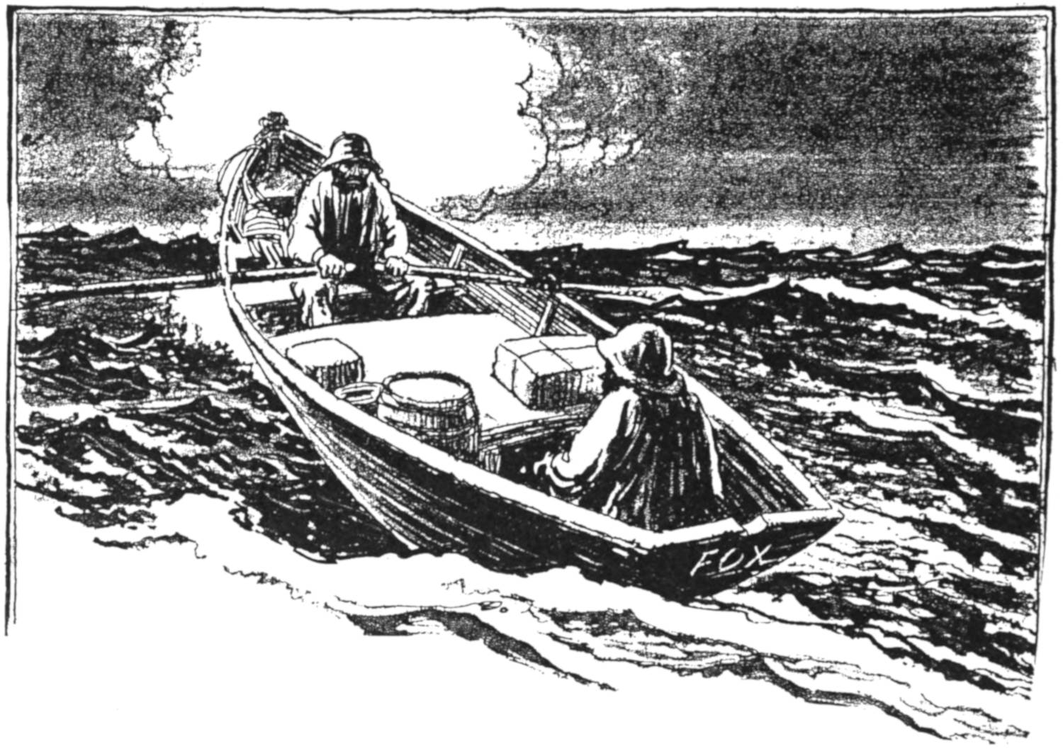 Two men rowing a boat called 'FOX'